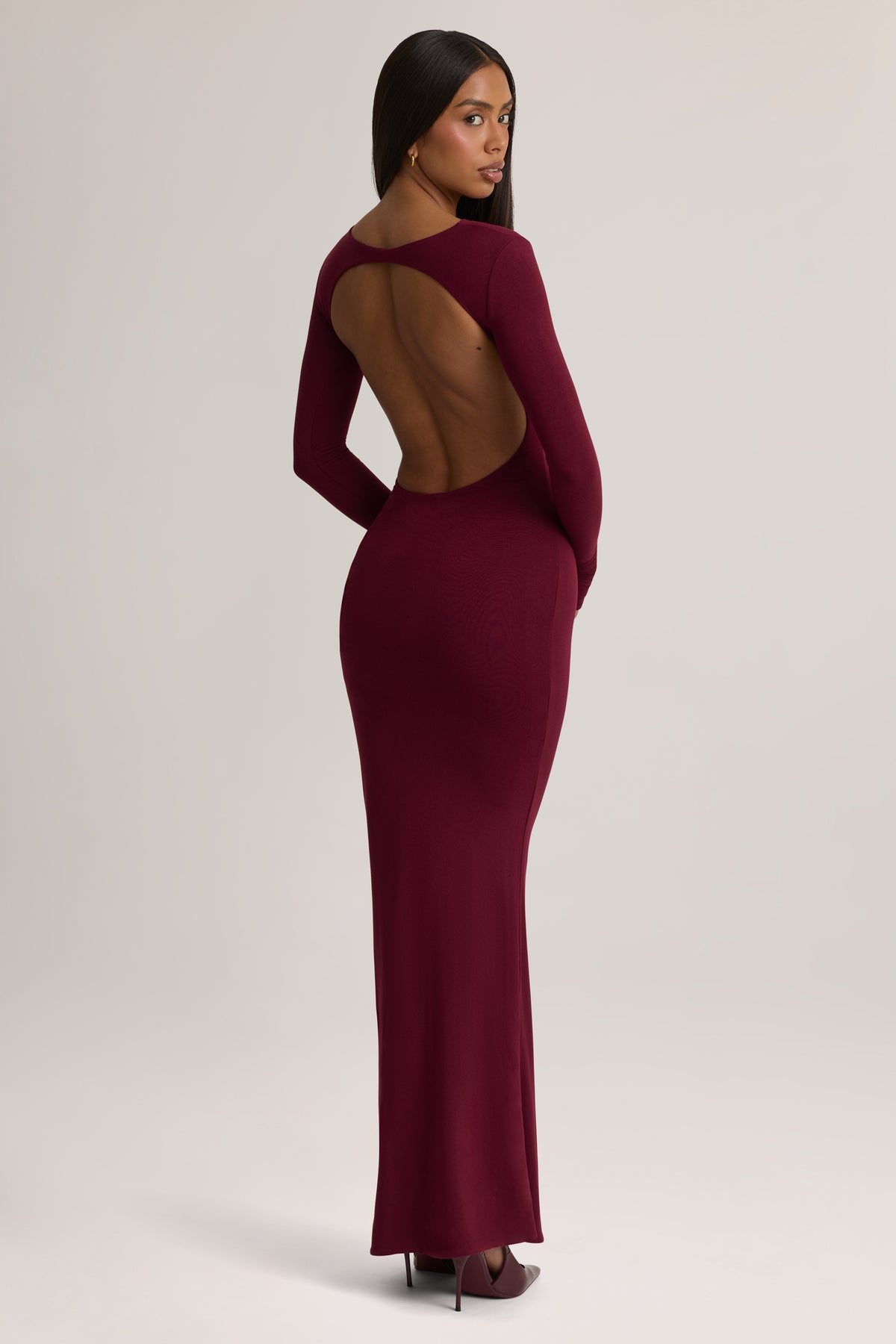 Modal Ruched Backless Maxi Dress in Wine