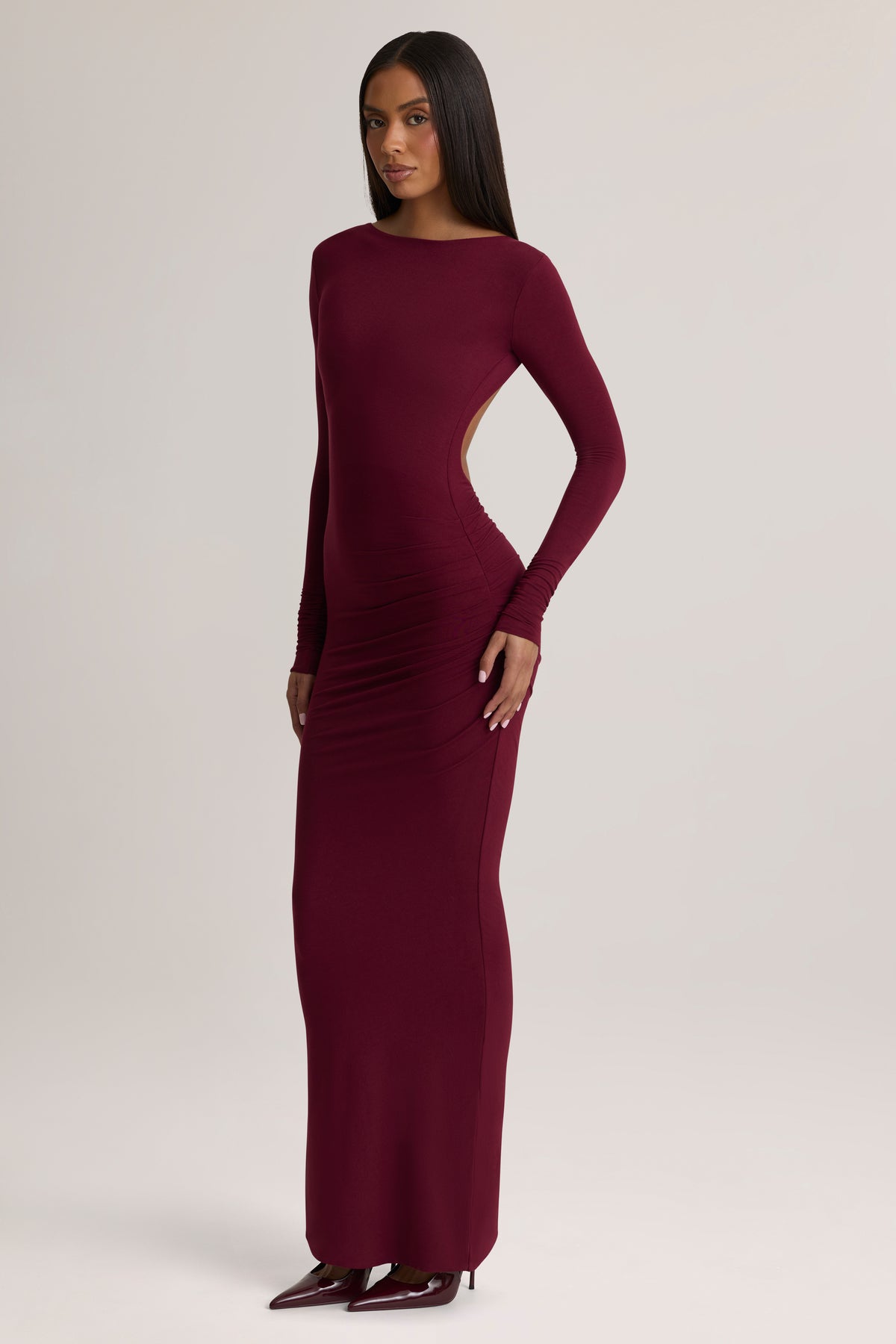 Modal Ruched Backless Maxi Dress in Wine