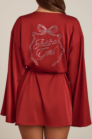 Oh Polly's Hayley wearing the Reina Cardigan in Ruby Red Satin fabric perfect for date night