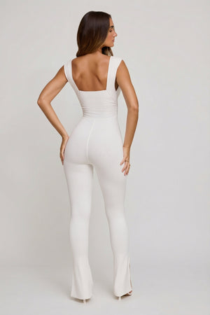 Oh Polly's Priscilla wearing the Romana Jumpsuit (reg) in White Modal fabric perfect for date nights