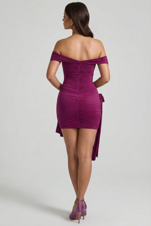 Floral-Detail Off-Shoulder Ruched Bodycon Mini Dress in Plum | Oh Polly Floral-Detail Off-Shoulder Ruched Bodycon Mini Dress in Plum | Oh Polly