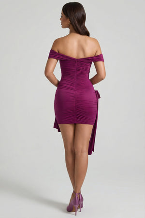 Floral-Detail Off-Shoulder Ruched Bodycon Mini Dress in Plum