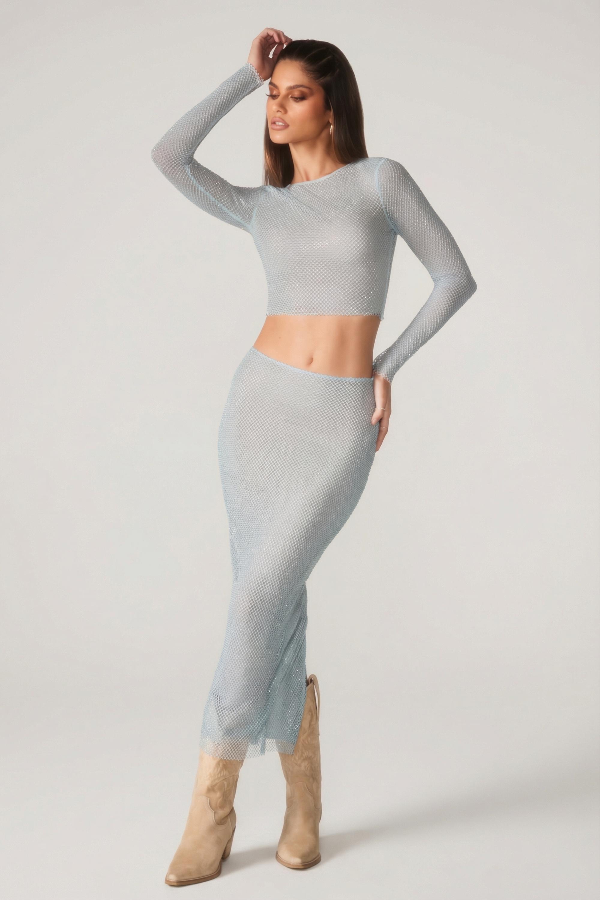 Embellished Low Rise Maxi Skirt in Aqua