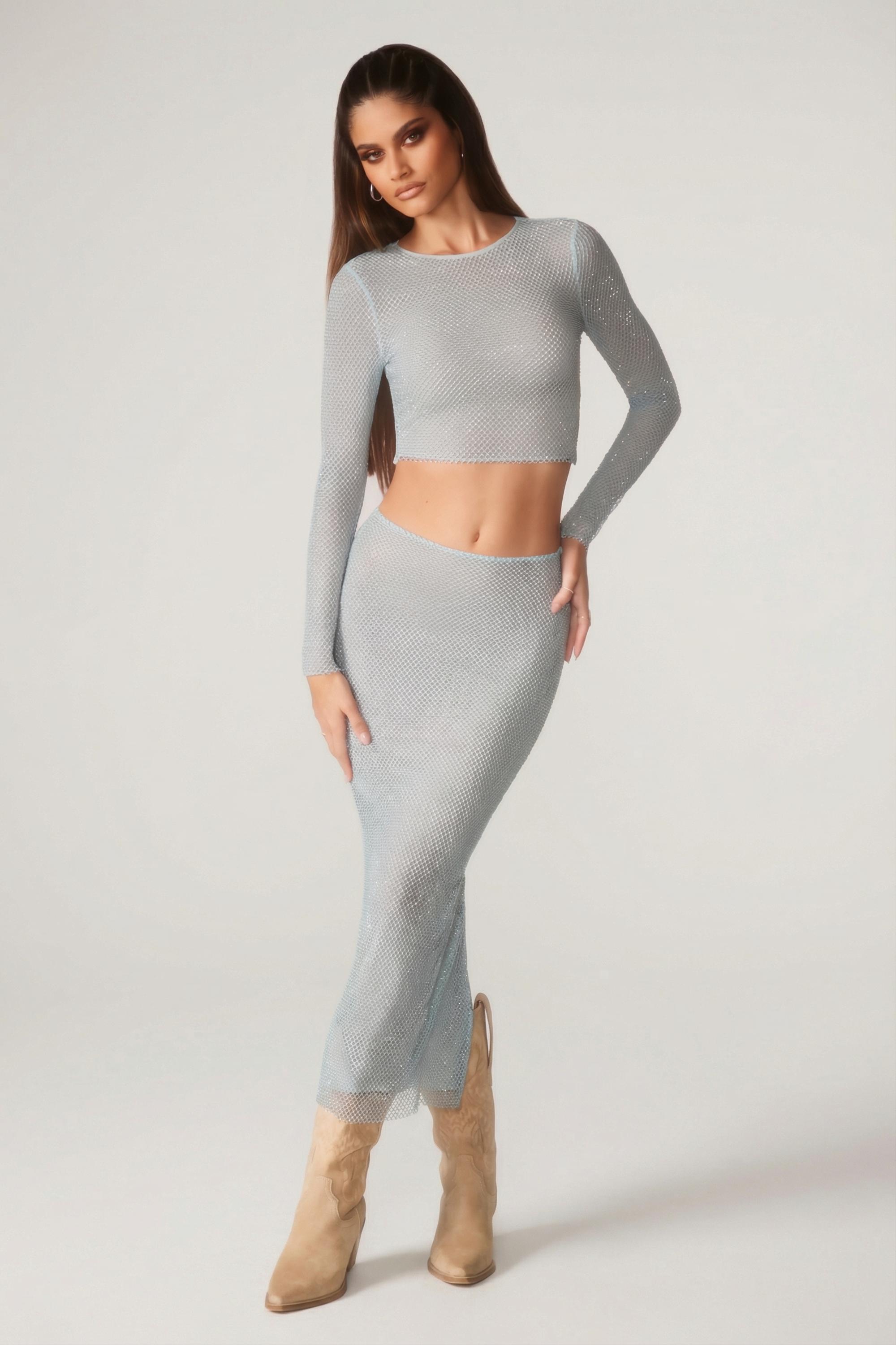 Embellished Low Rise Maxi Skirt in Aqua