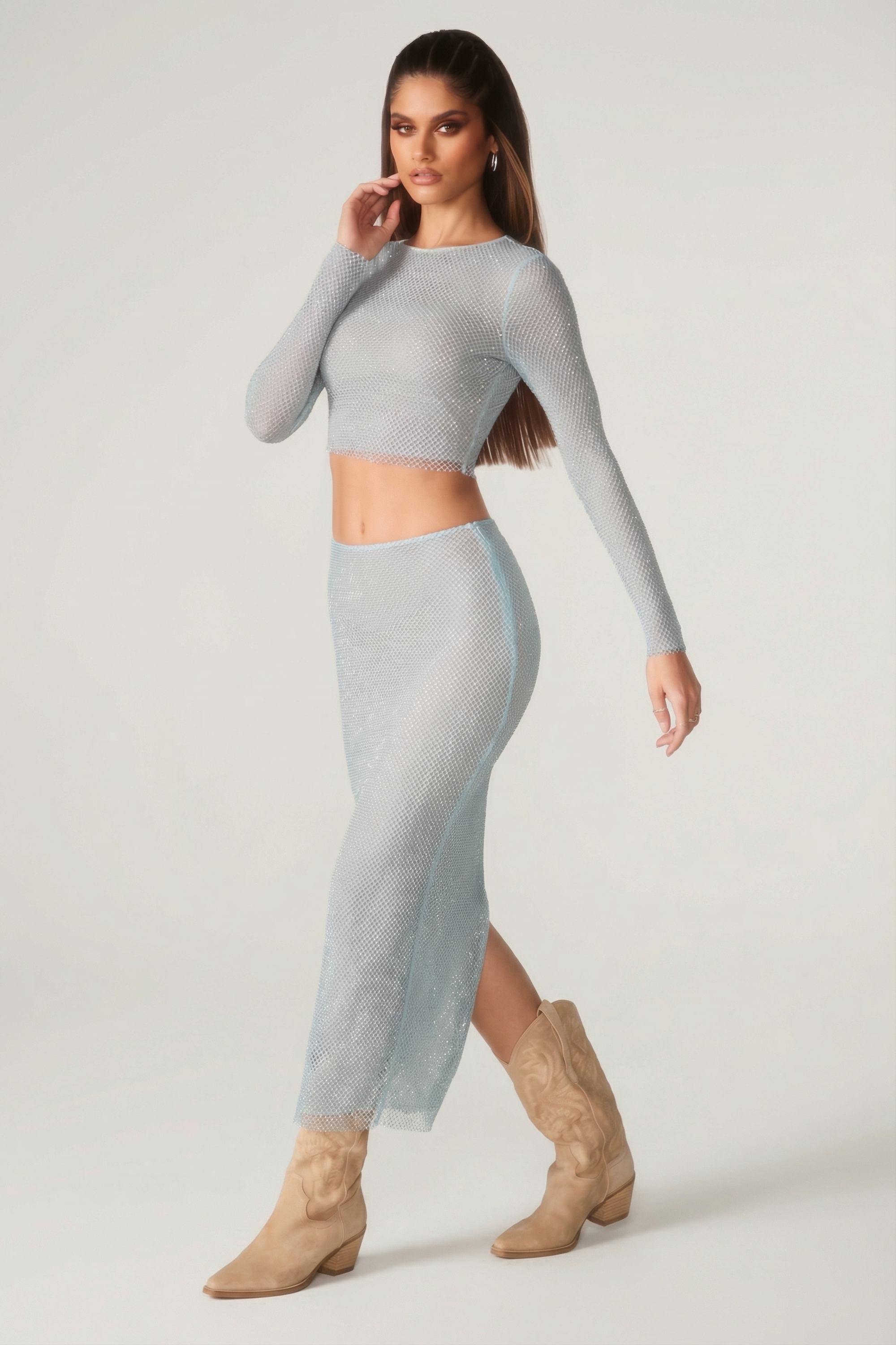 Embellished Low Rise Maxi Skirt in Aqua