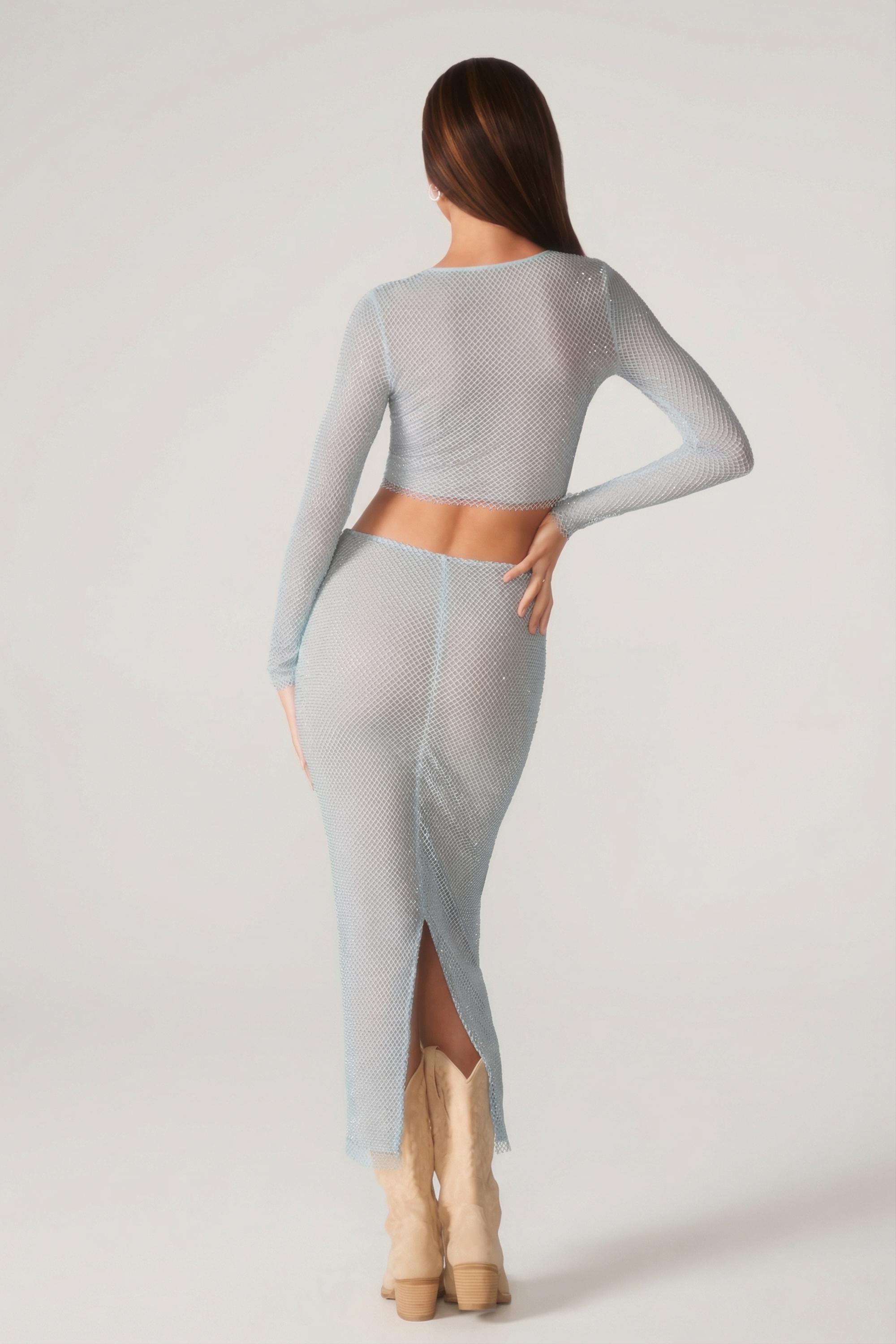 Embellished Low Rise Maxi Skirt in Aqua