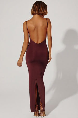 Oh Polly's Cristal wearing the Ryatt Maxi Dress in Brown Slinky fabric perfect for a night out