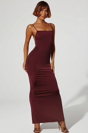 Oh Polly's Cristal wearing the Ryatt Maxi Dress in Brown Slinky fabric perfect for a night out