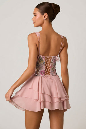 see-through bustier layered ruffle party slip mini dresses STRAPLESS FLORAL LACE CORSET BODICE TIERED ORGANZA RUFFLE MINI DRESS BYOODEPOOL
