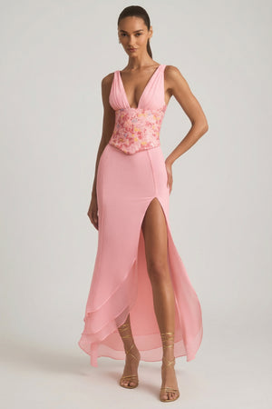 Embellished Plunge Ruffled Corset Maxi Dress in Pink