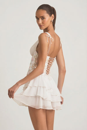 Embellished Ruffled Corset Mini Dress in Ivory