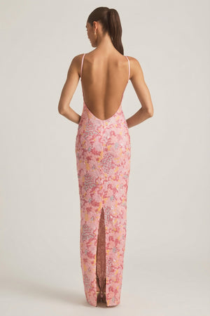 Embellished Scoop-Neck Backless Maxi Dress in Pink