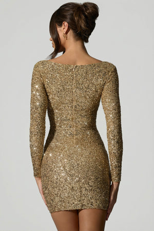 Embellished Sweetheart-Neck Mini Dress in Gold