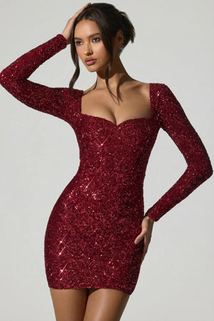 Embellished Sweetheart-Neck Mini Dress in Red