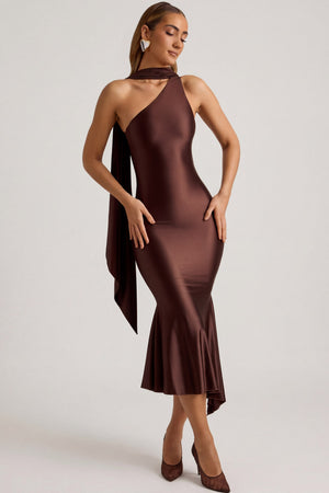 Shaya Asymmetric Scarf-Detail Midaxi Dress in Chocolate Brown – Oh Polly UK