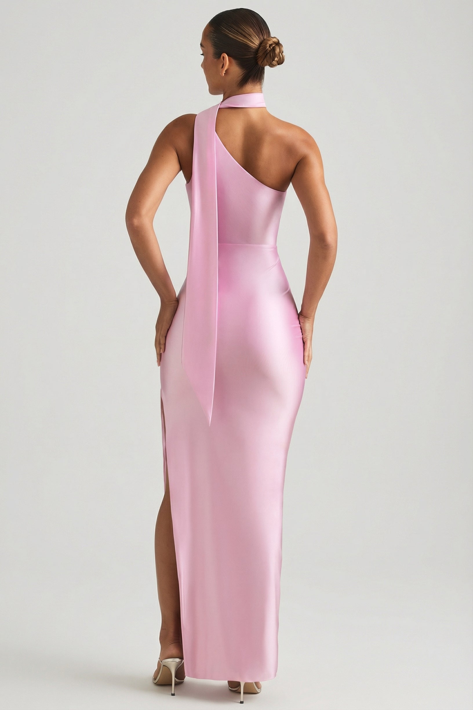 pink silk dress Zya Light Satin Maxi - 10 Lightweight satin material Little to no stretch Fully lined Adjustable spaghetti straps Bowtie feature at straps Maxi length Invisible side zip Body JAYLEY Pink Silk Blend Maxi