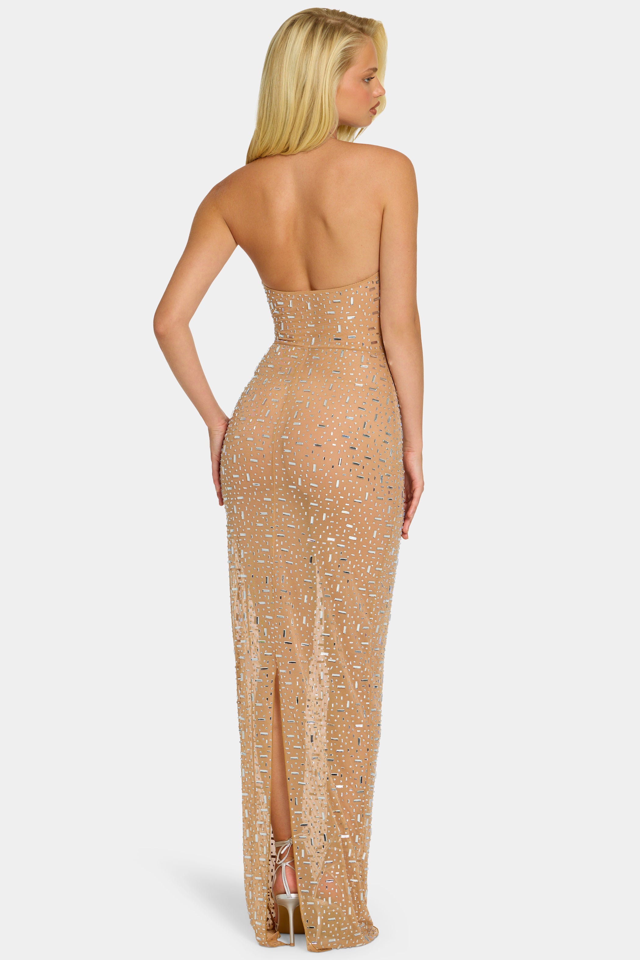 Sheer Embellished High Neck Evening Gown in Almond