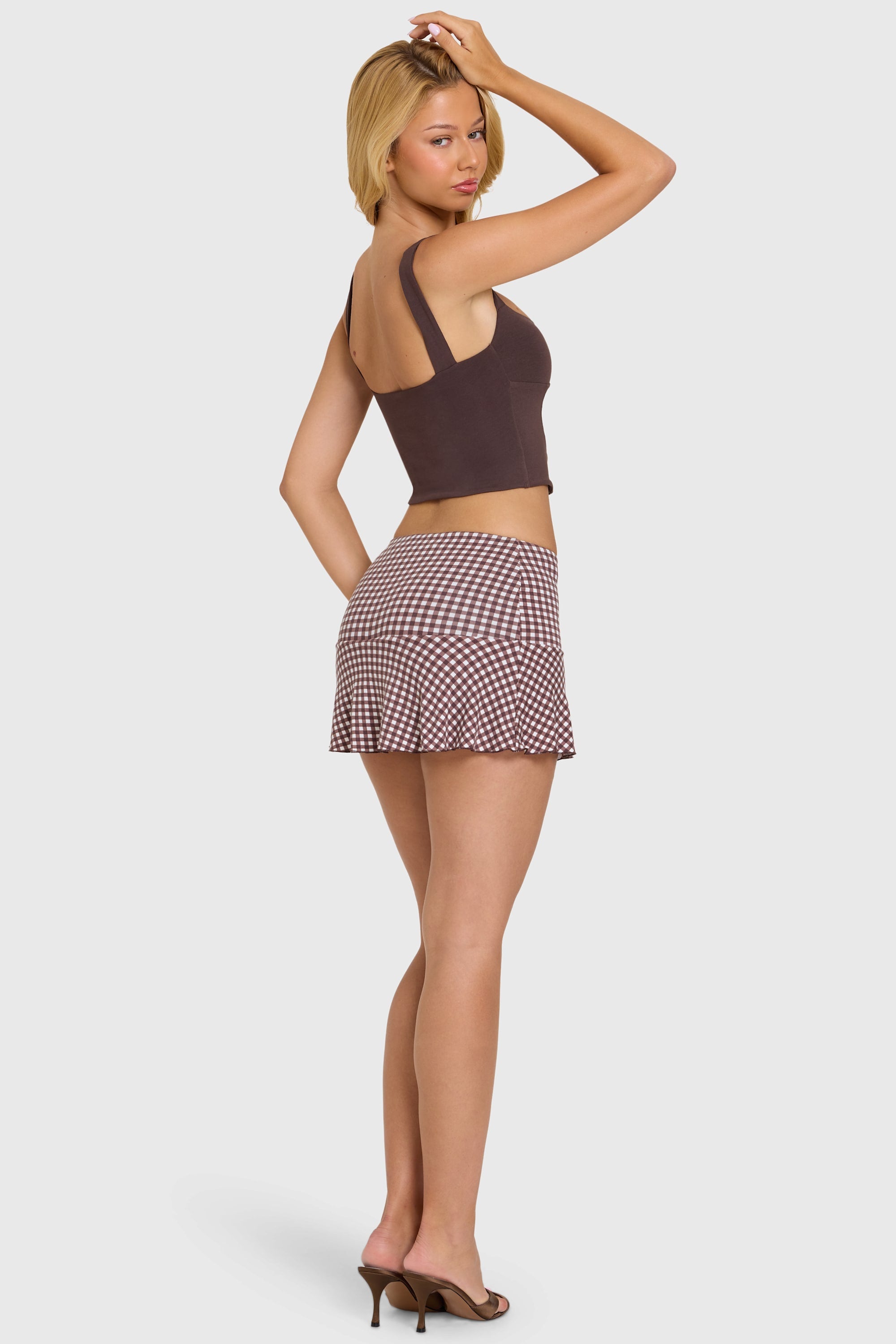 Modal Mid-Rise Skort in Brown Gingham - 2
