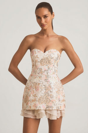 Oh Polly's Anna wearing the Eliselle Mini Dress in Ivory Coral Artisan Chiffon fabric perfect for spring weddings