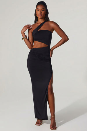 Suvi Asymmetric Neckline Ruched Cut Out Maxi Dress in Black | Oh Polly