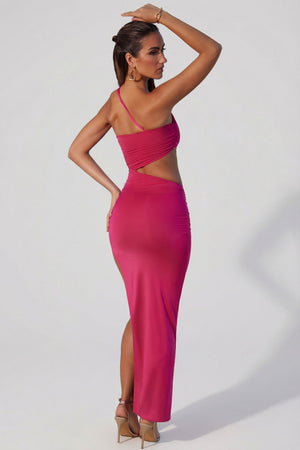 Suvi Asymmetric Neckline Ruched Cut Out Maxi Dress in Fuchsia | Oh Polly Suvi Asymmetric Neckline Ruched Cut Out Maxi Dress in Fuchsia | Oh Polly