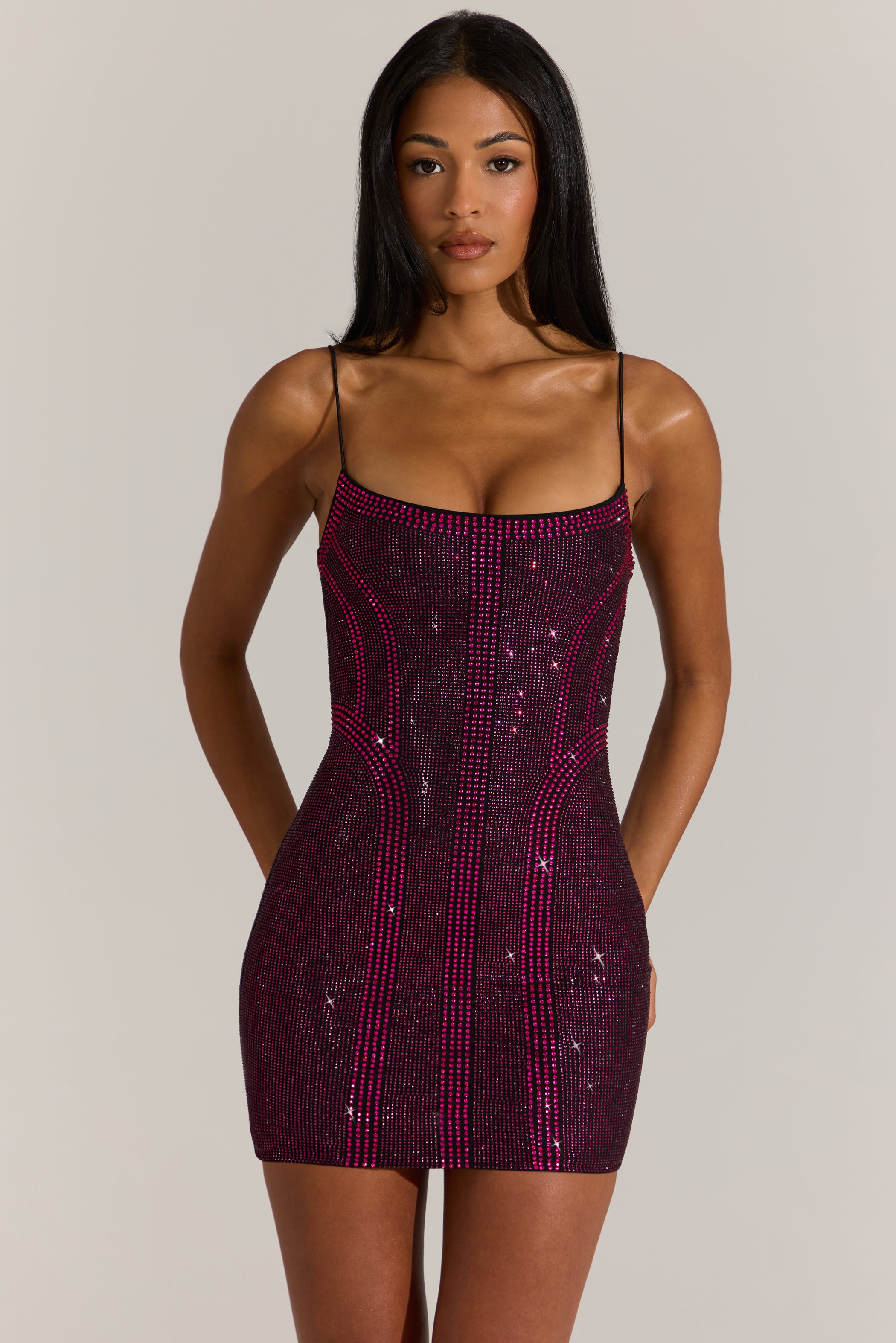 Embellished Scoop-Neck Mini Dress in Fuchsia Pink