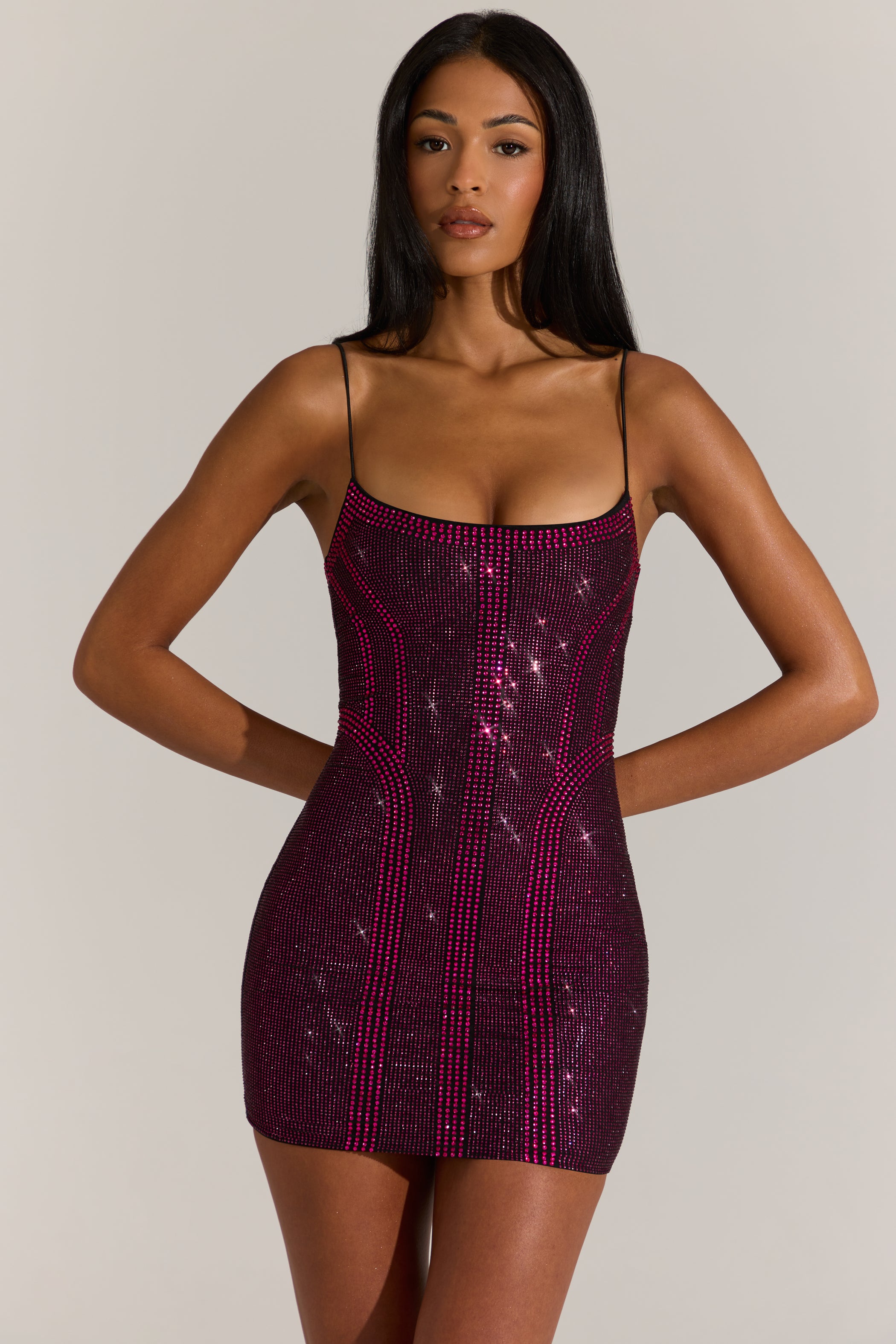 Embellished Scoop-Neck Mini Dress in Fuchsia Pink