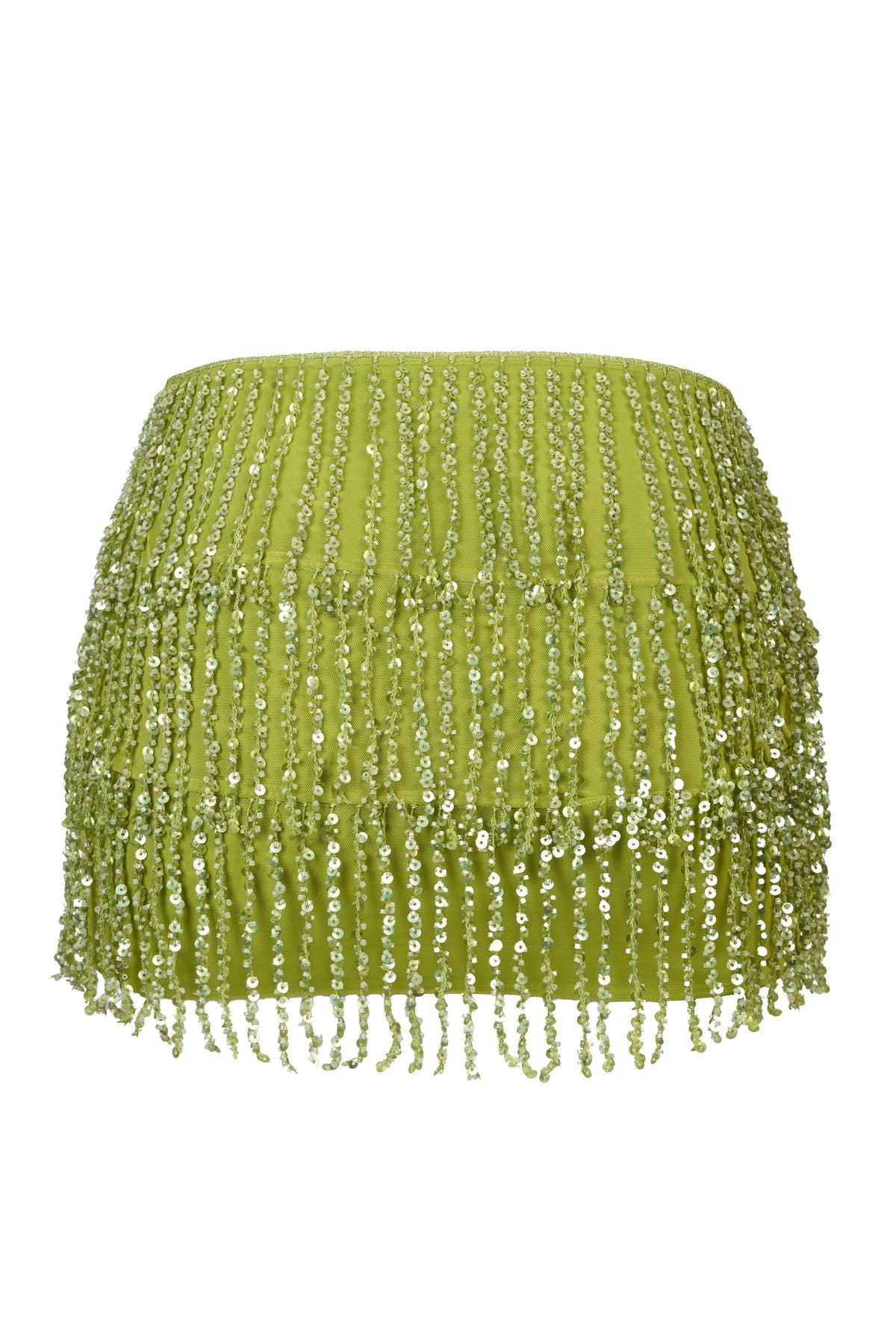 Fringed Low-Rise Mini Skirt in Olive