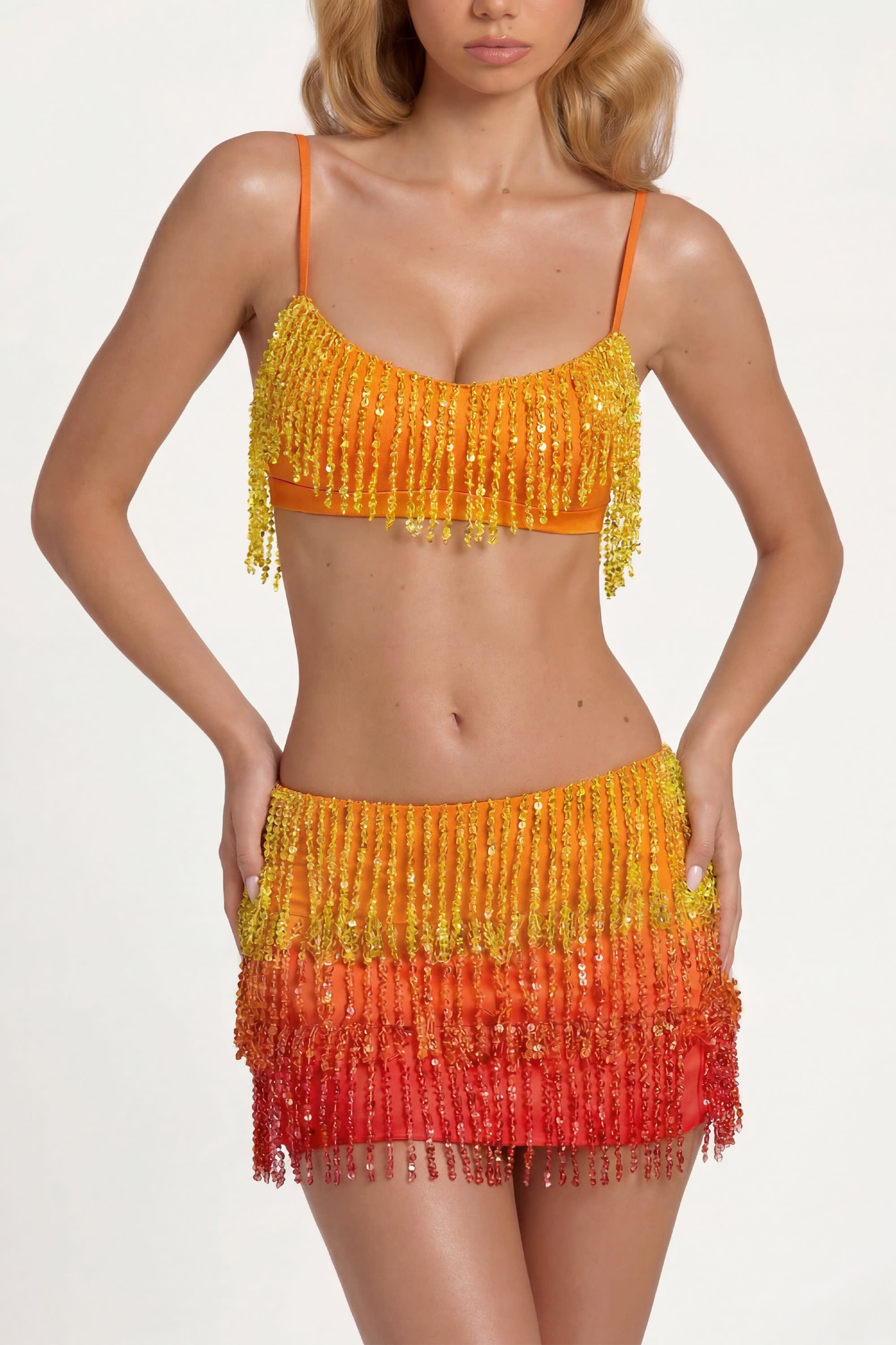 Fringed Low-Rise Mini Skirt in Orange Ombre - 2