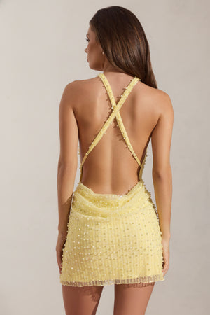 Embellished Cowl-Neck Backless Mini Dress in Yellow