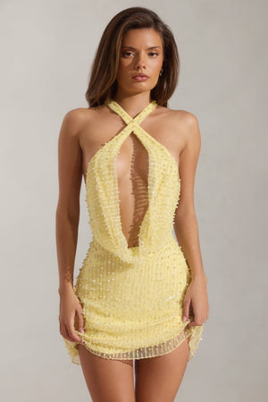 Embellished Cowl-Neck Backless Mini Dress in Yellow