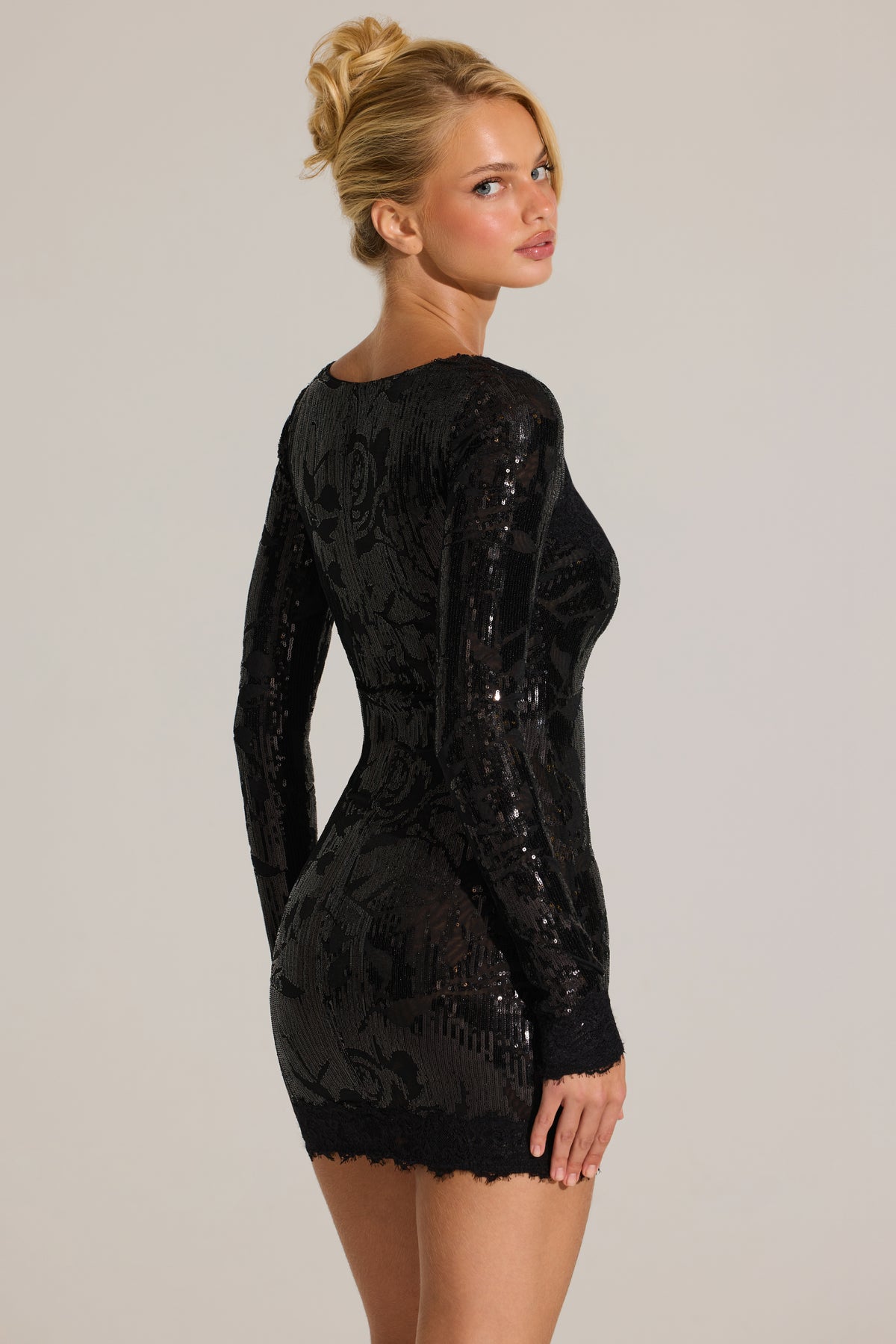 Embellished Lace-Trim Long-Sleeve Mini Dress in Black