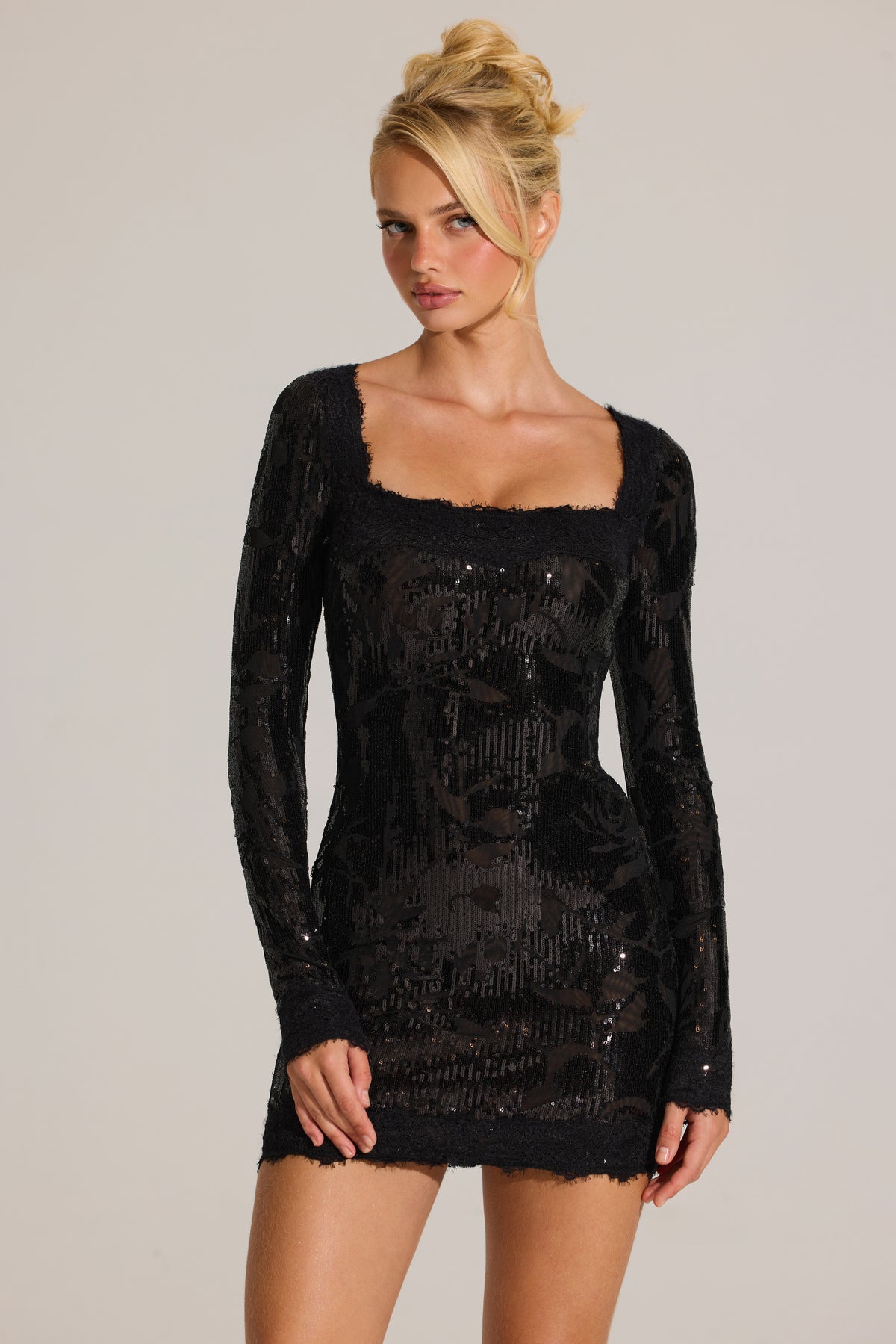 Embellished Lace-Trim Long-Sleeve Mini Dress in Black