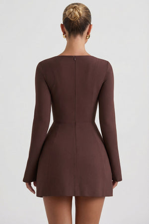 Taesha Square-Neck Structured Tulip Mini Dress in Chocolate Brown | Oh Polly Taesha Square-Neck Structured Tulip Mini Dress in Chocolate Brown | Oh Polly