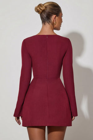 Taesha Square-Neck Structured Tulip Mini Dress in Wine Red | Oh Polly Taesha Square-Neck Structured Tulip Mini Dress in Wine Red | Oh Polly