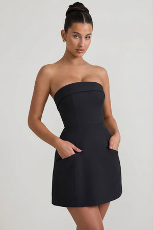 Foldover-Neck Strapless Structured A-Line Mini Dress in Black