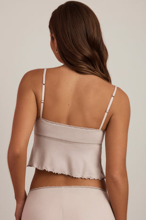 Oh Polly's Hayley wearing the Tana Crop Top in Cloud Grey Modal fabric perfect for casual date nights