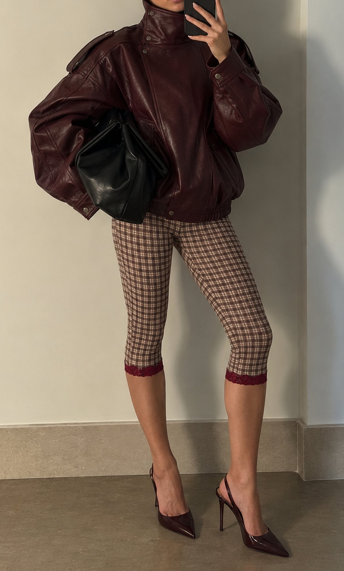 Modal Lace-Trim Capri Leggings in Square Check Print