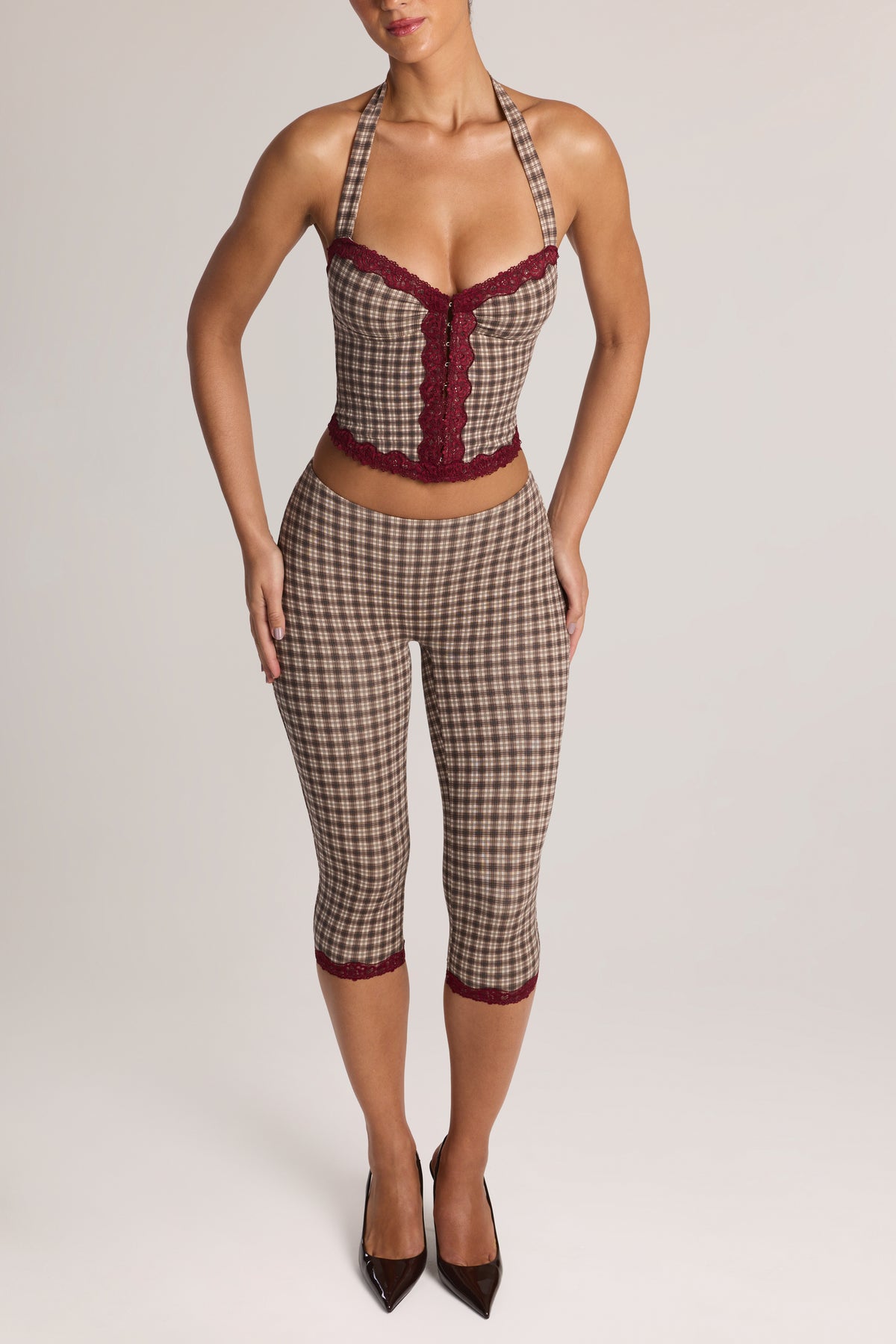 Modal Lace-Trim Capri Leggings in Square Check Print