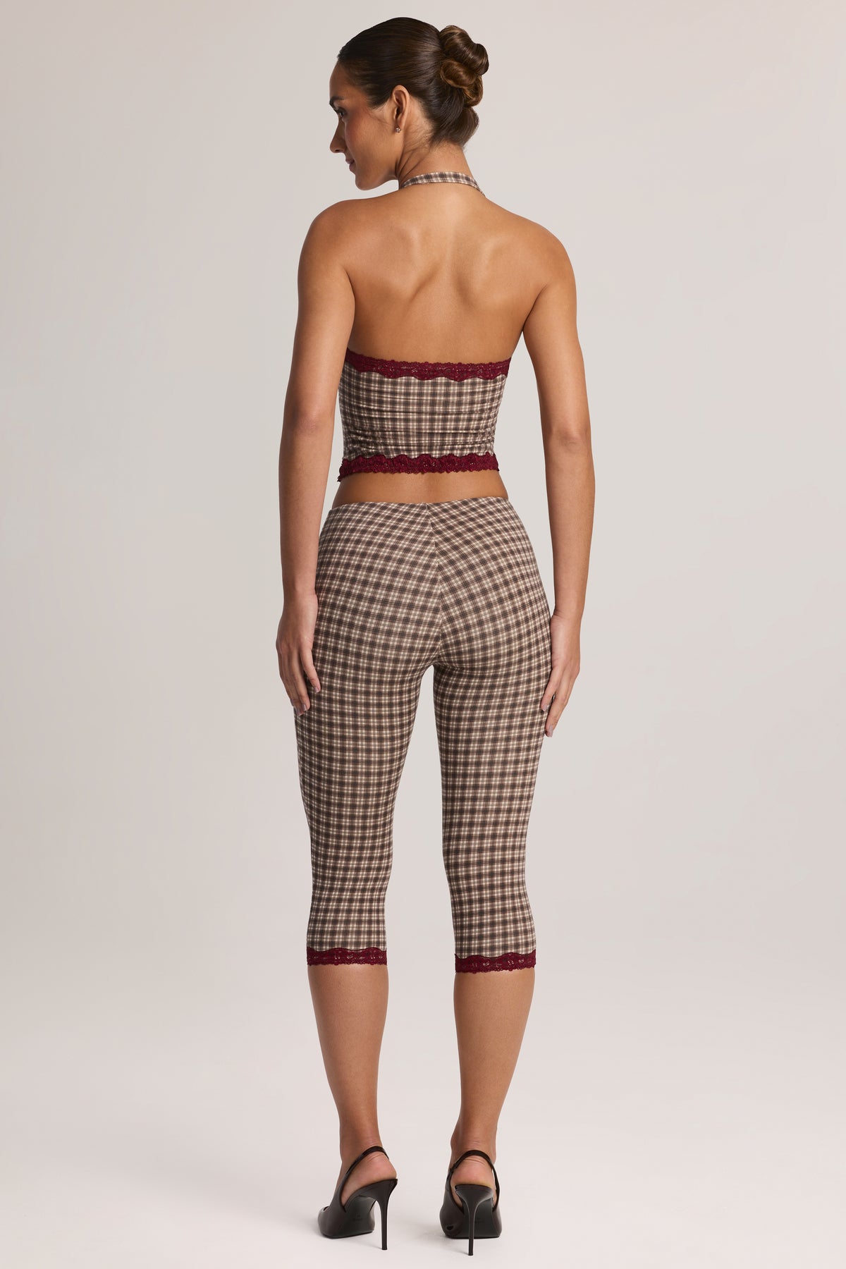 Modal Lace-Trim Capri Leggings in Square Check Print