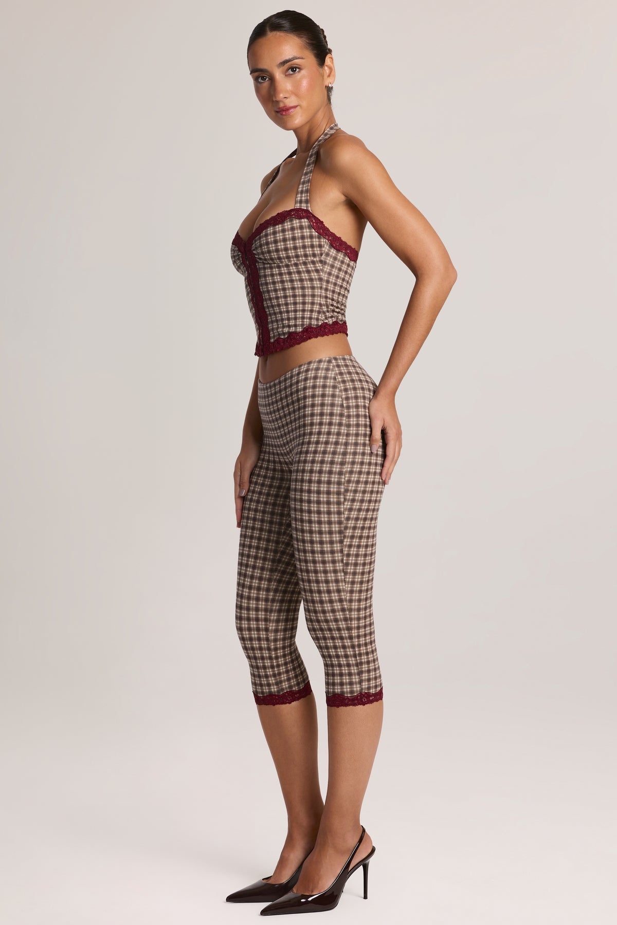 Modal Lace-Trim Capri Leggings in Square Check Print