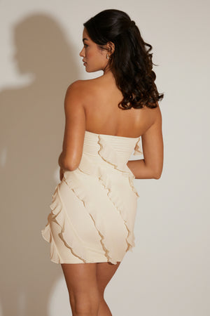 Oh Polly's Cenit wearing the Tatiana Mini Dress in White Mesh fabric perfect for girls' night out