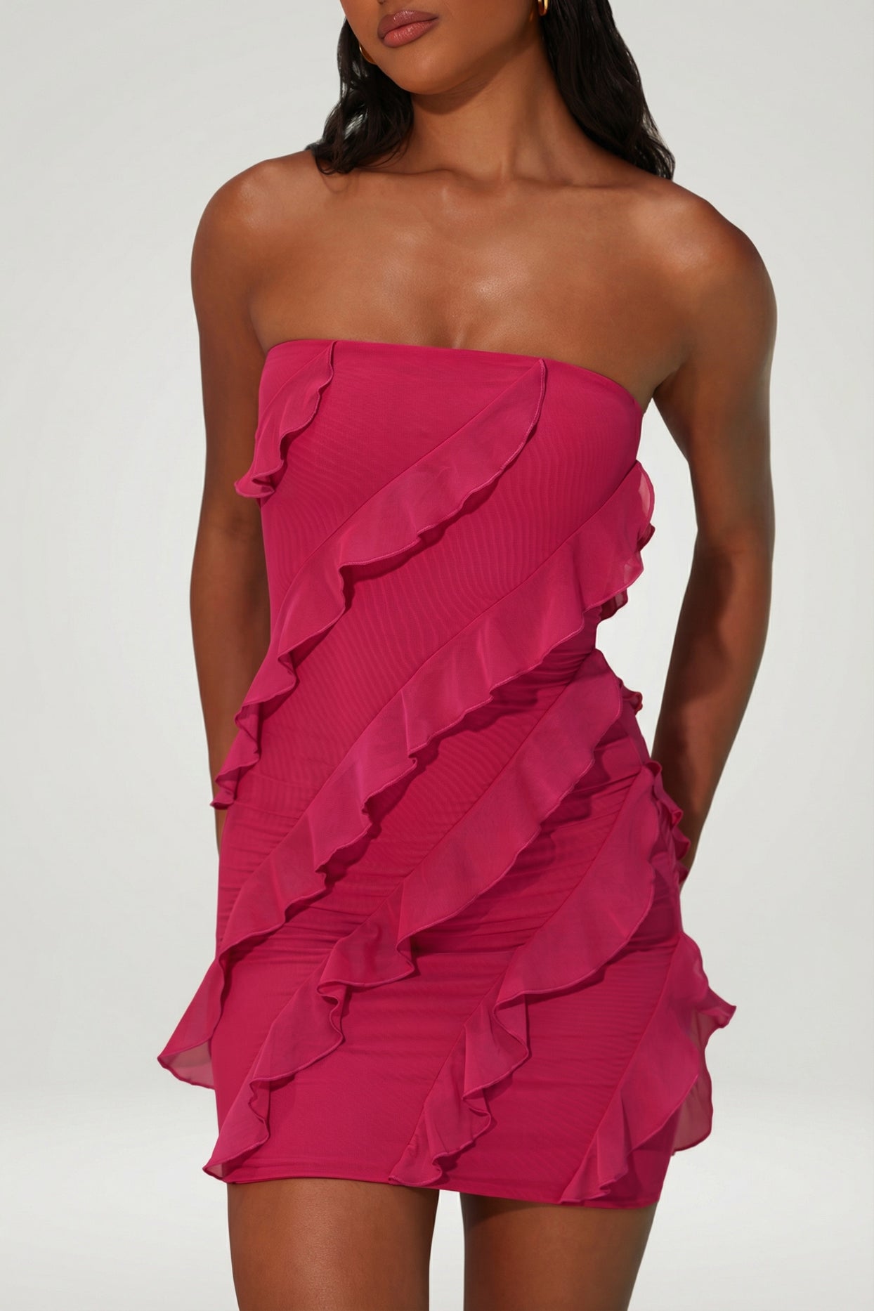 Bandeau Ruffle Detail Mini Dress in Raspberry - 4