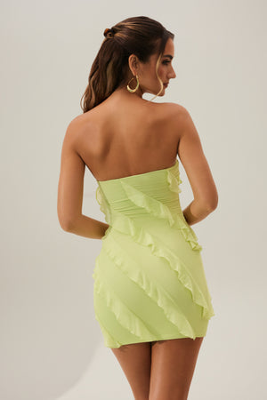 Oh Polly's Priscilla wearing the Tatiana Mini Dress in Lime Green Mesh fabric perfect for date night looks