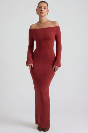 Terneigh Ribbed-Knit Off-Shoulder Maxi Dress in Brick Red | Oh Polly Terneigh Ribbed-Knit Off-Shoulder Maxi Dress in Brick Red | Oh Polly