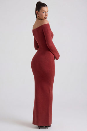 Oh Polly's Sarah wearing the Terneigh Midaxi Dress in Brick Red Knitwear fabric perfect for evening parties
