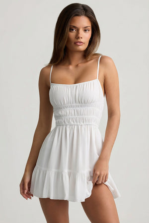 Shirred Camisole Mini Dress in White