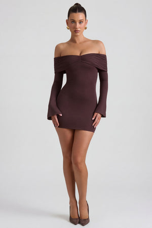 Oh Polly's Sarah wearing the Thais Mini Dress in Espresso Modal Cashmere fabric perfect for a night out