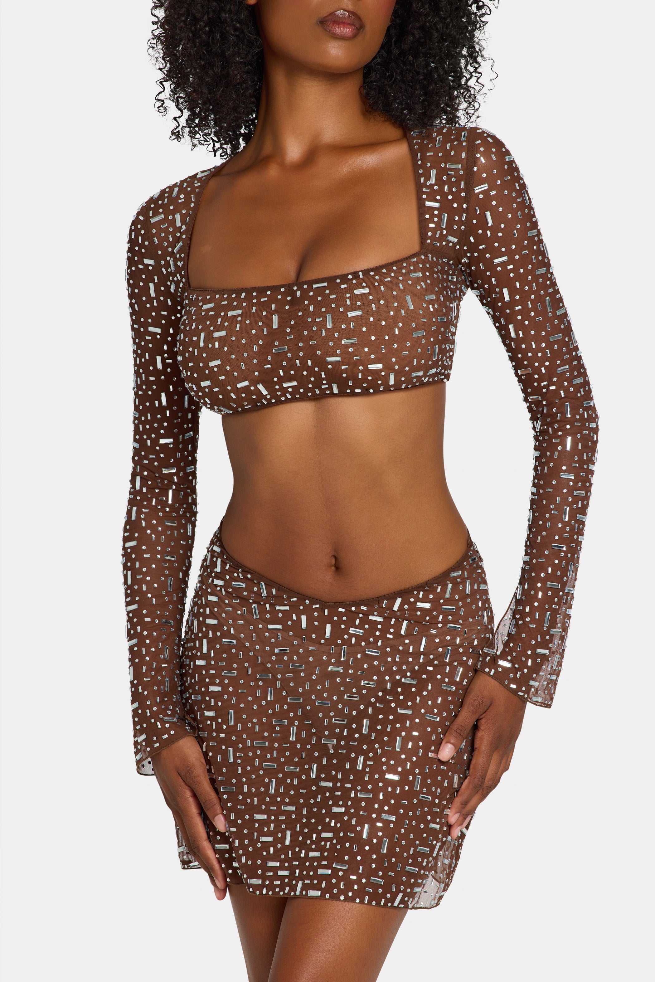 Sheer Embellished V Waist Mini Skirt in Deep Cocoa