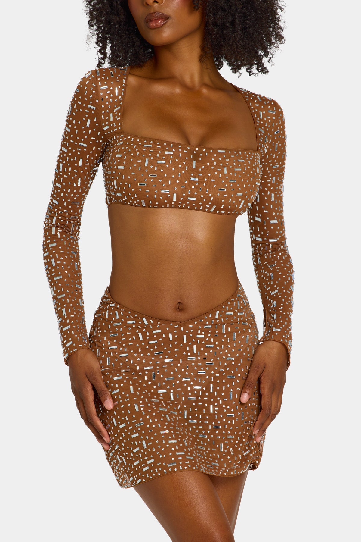 Sheer Embellished V Waist Mini Skirt in Mocha